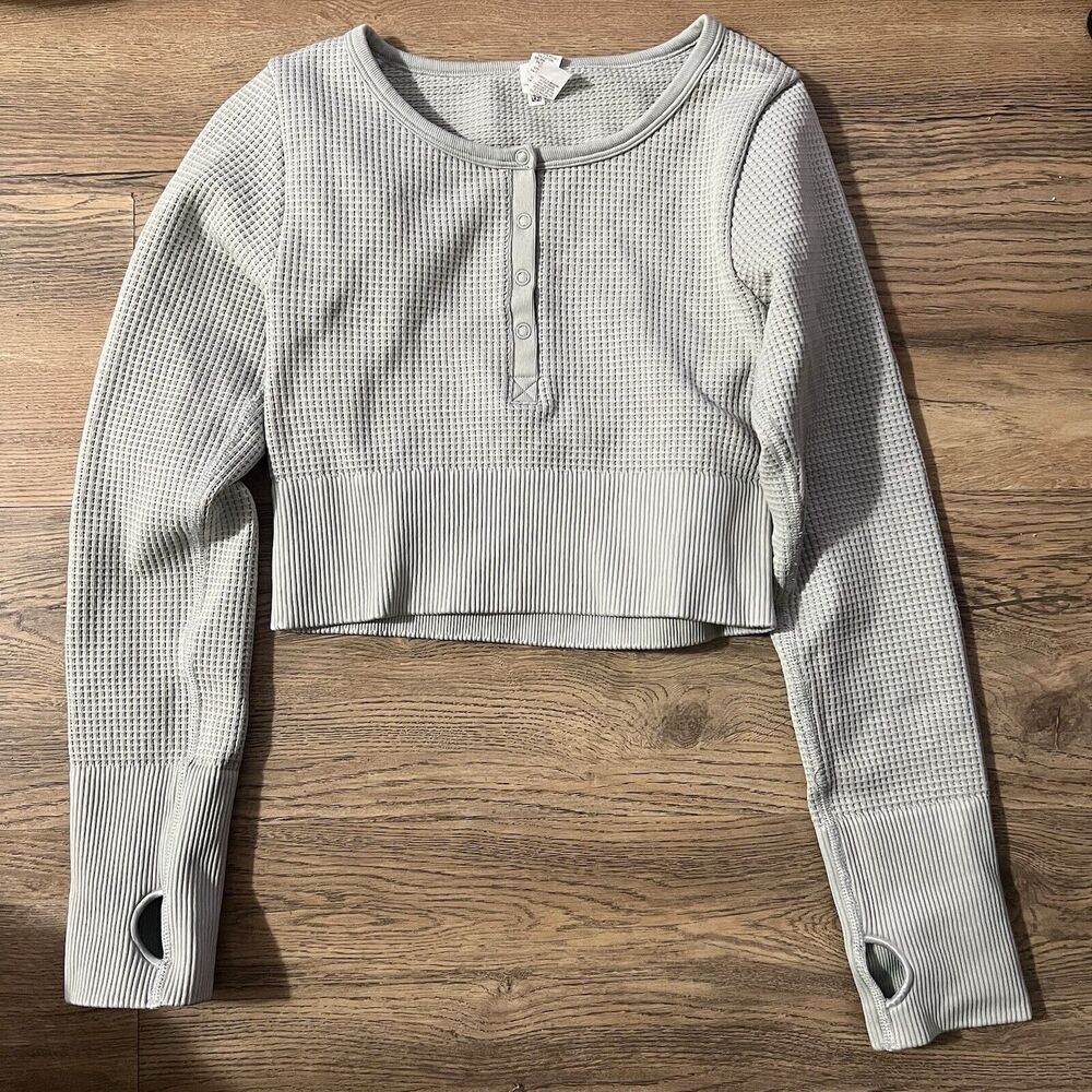 Aerie Offline Top Main Squeeze Green Waffle Crop Henley Long Sleeve Size Small